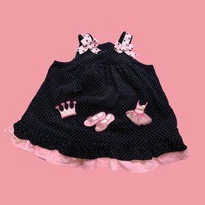 Vtg Rare Editions Navy & Pink Polka Dots Ballet Theme Corduroy Dress-Size 24 Mo.